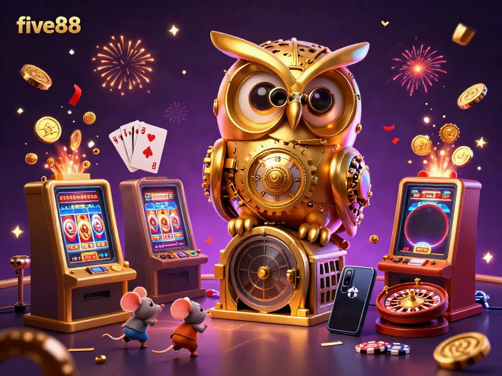 Experience the excitement of five88 with a bustling casino scene showcasing a golden owl and animated mouse patrons amidst vibrant games.