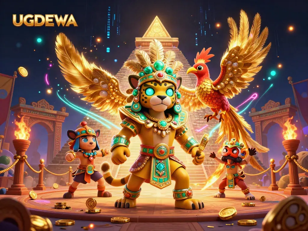 Engage with rich visuals of UGDEWA featuring a vibrant Mayan priest and a quetzal bird in a dynamic gambling scene.