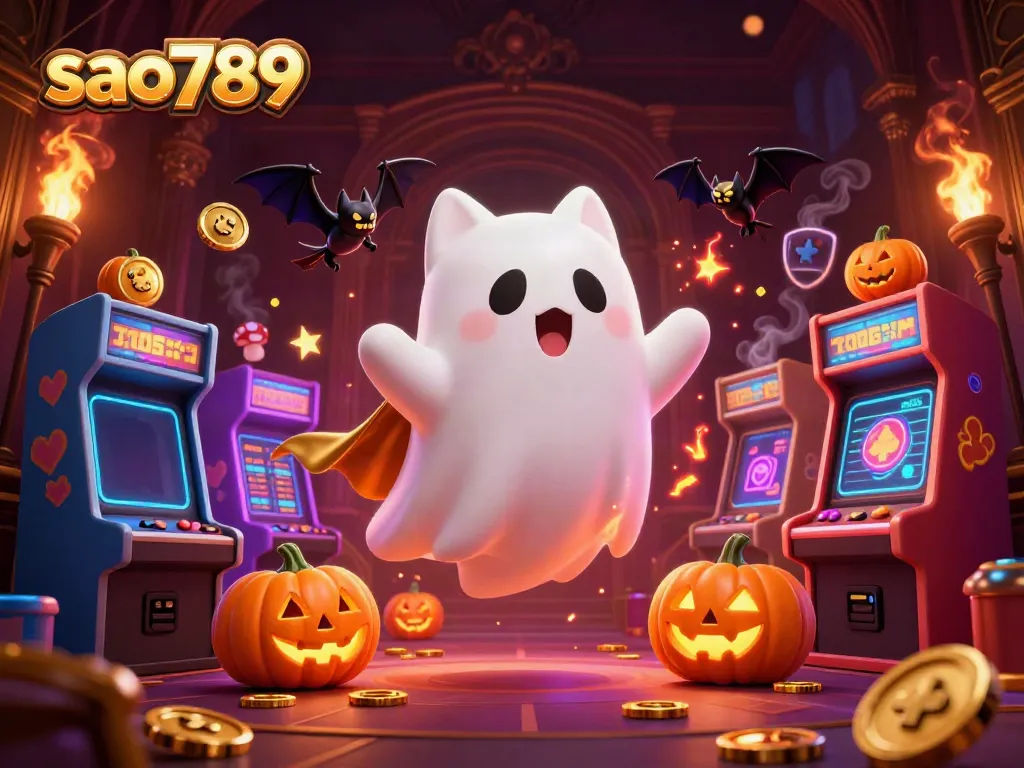 Sao789 offers thrilling gaming experiences with a ghost cat and vampire bat in a vibrant casino.