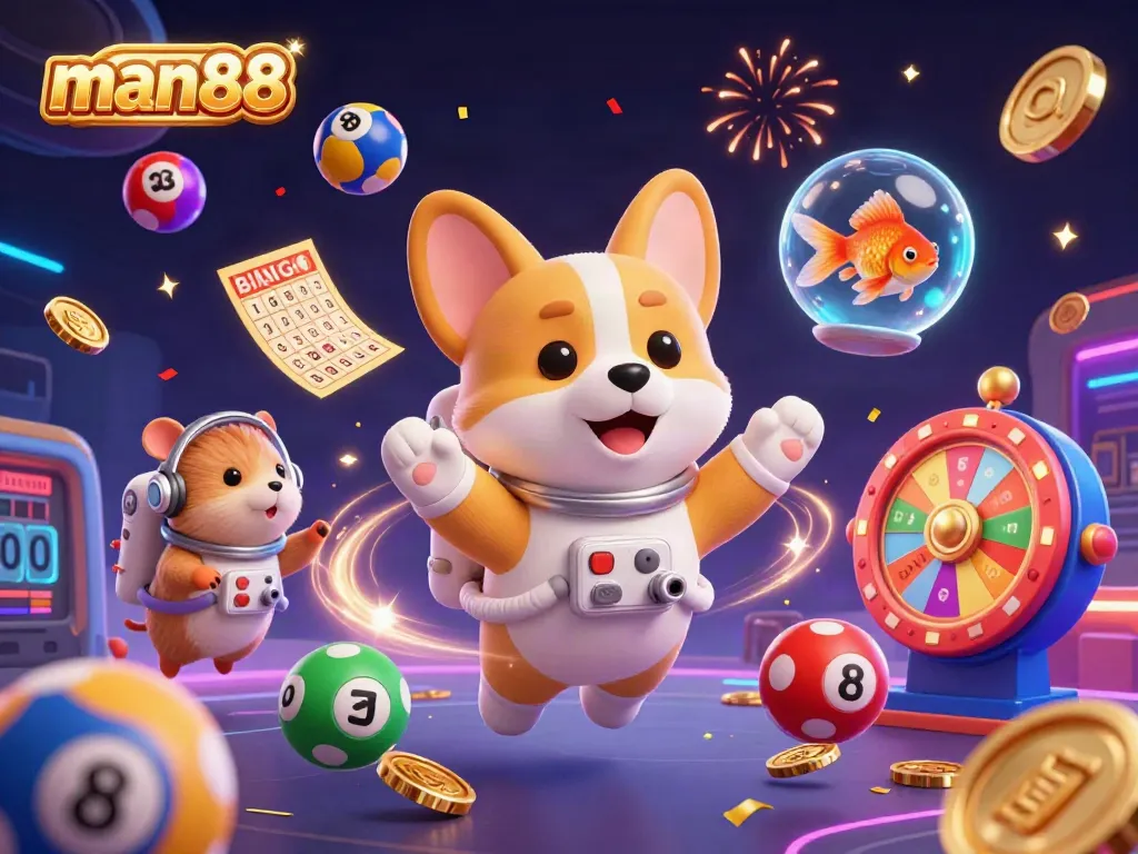 Experience man88 in a thrilling space casino with floating coins and lottery elements for exciting gameplay.