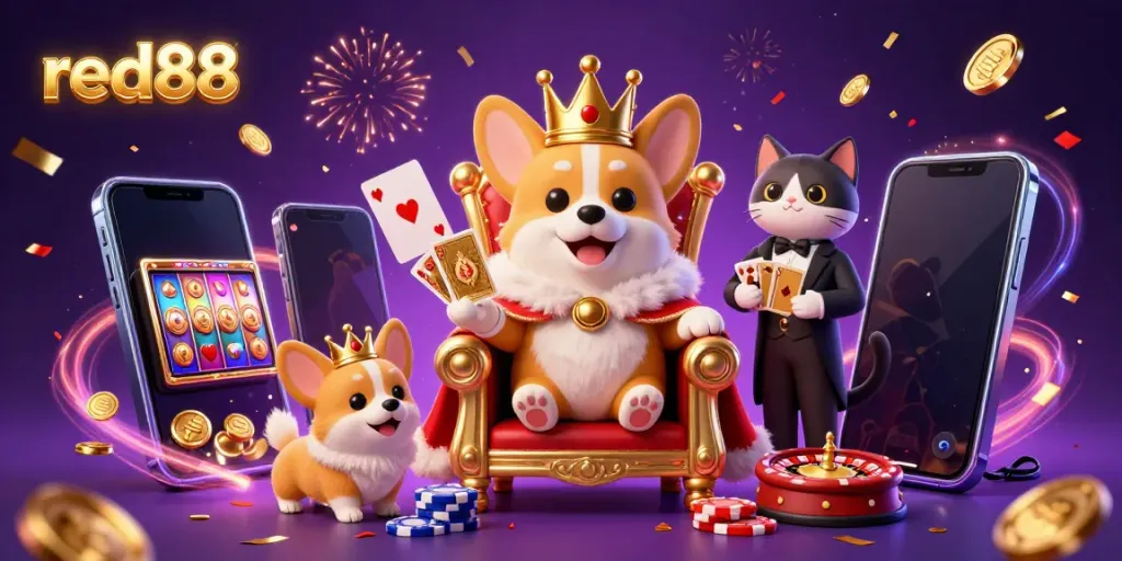 Experience red88's vibrant casino world with royal corgis and a dynamic gaming atmosphere.