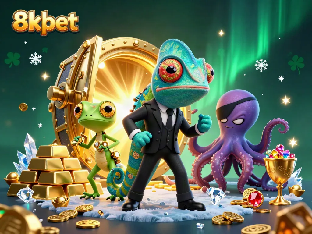 Experience thrilling games at 8xbet surrounded by vibrant casino elements and vivid characters.