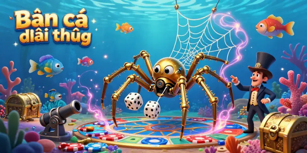 Engage in Bắn cá đổi thưởng while navigating a rich underwater world featuring vibrant sea creatures and a whimsical golden spider.