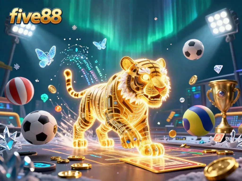 Experience the vibrant five88 casino landscape with a neon golden tiger and dynamic sports elements.