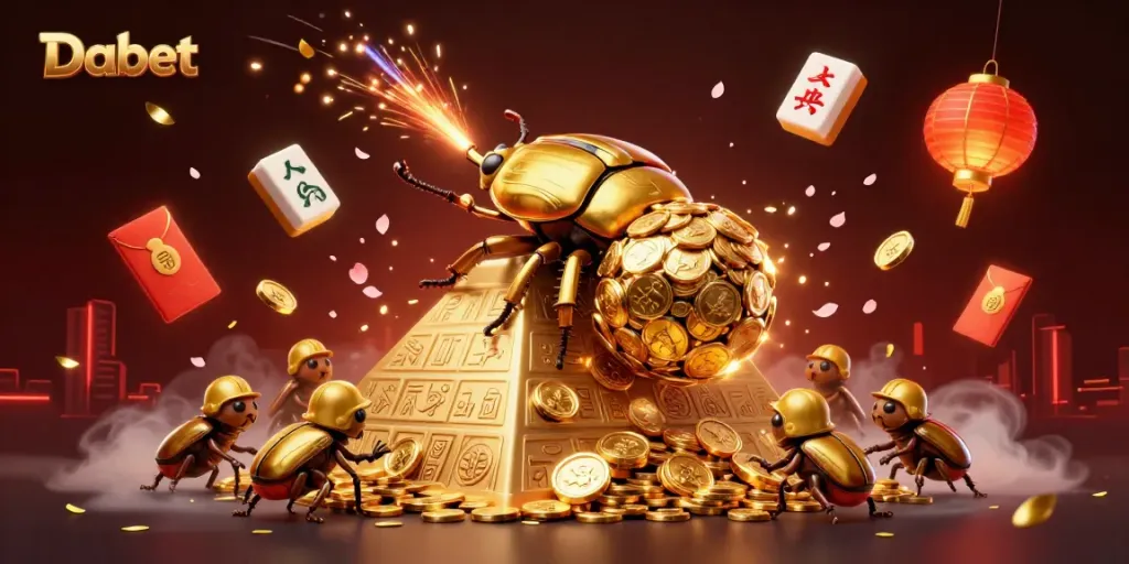 Dabet showcases a vibrant 3D scene with golden beetles and casino symbols, enhancing the immersive gaming experience.
