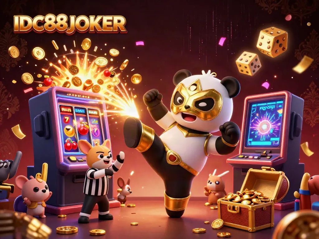 Experience the excitement of IDC88JOKER with a lively casino scene featuring fun characters and game elements.