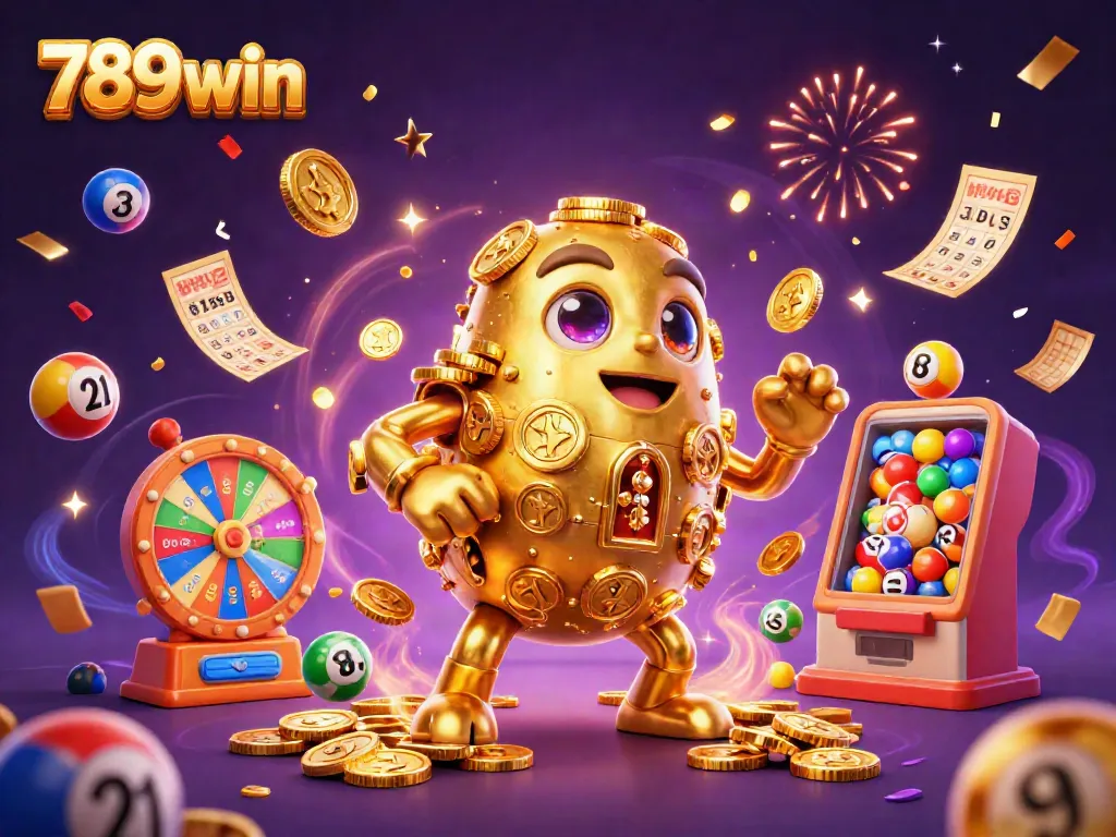 Unleash thrilling gameplay at 789win with a golden golem and vibrant lottery elements in this dynamic scene.
