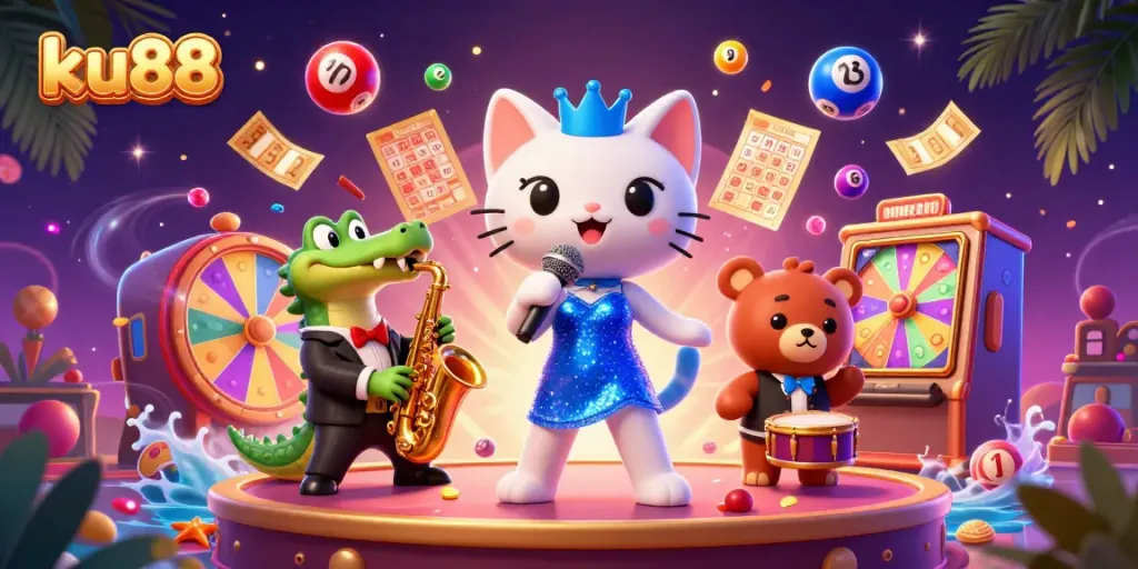 Experience the vibrant excitement of ku88 with cartoon characters celebrating at a casino.