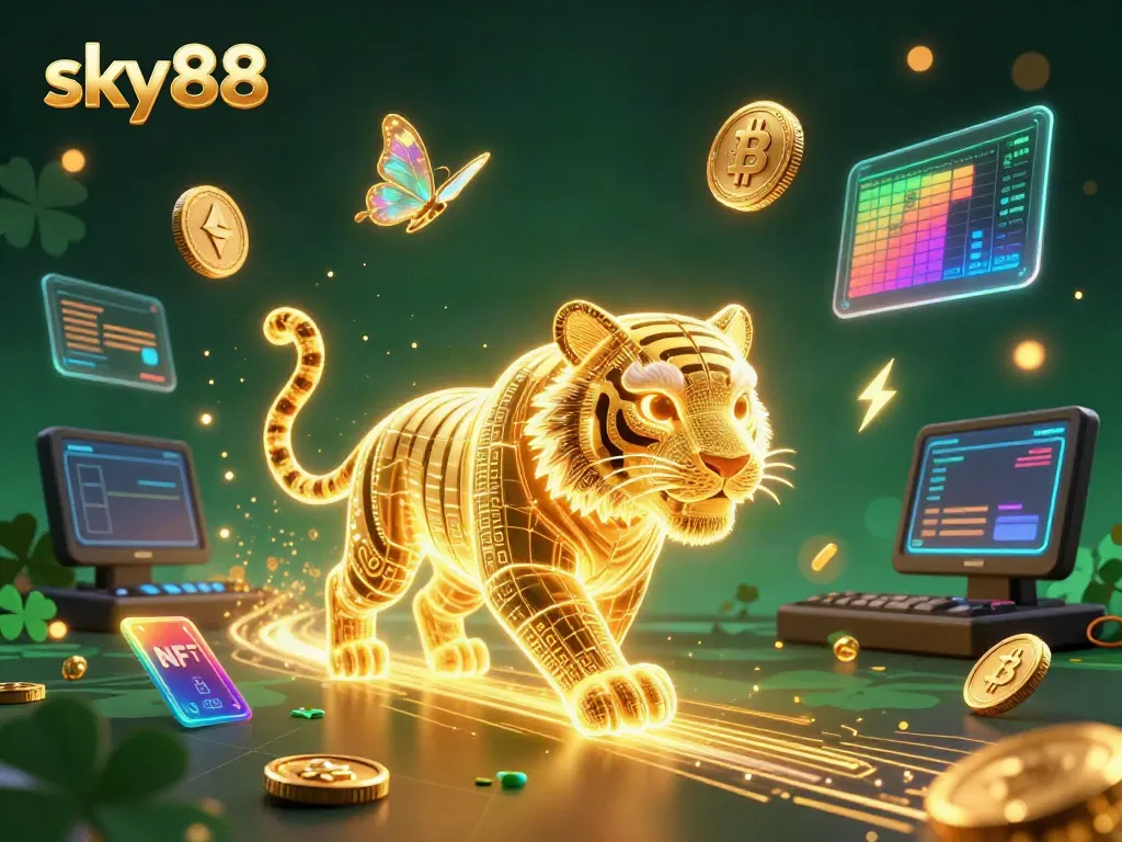 Engage with the vibrant world of sky88 through this dynamic casino illustration featuring neon tigers and crypto elements.