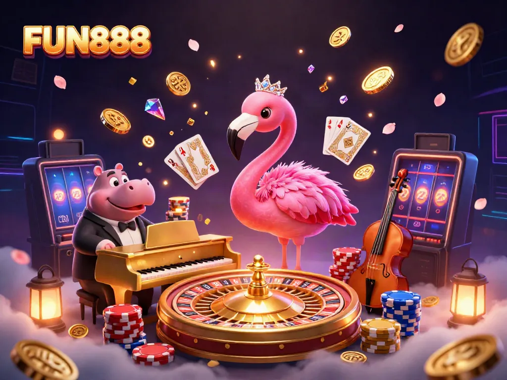 Experience vibrant gaming excitement with FUN888 in a dynamic casino scene filled with animated interactions.