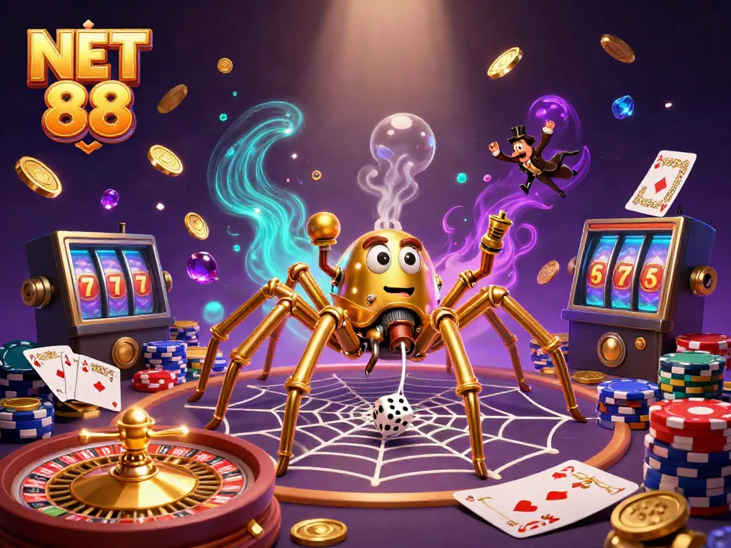Experience thrilling action with NET 88 as a steampunk spider captures unlucky dice amid shimmering coins and gems.
