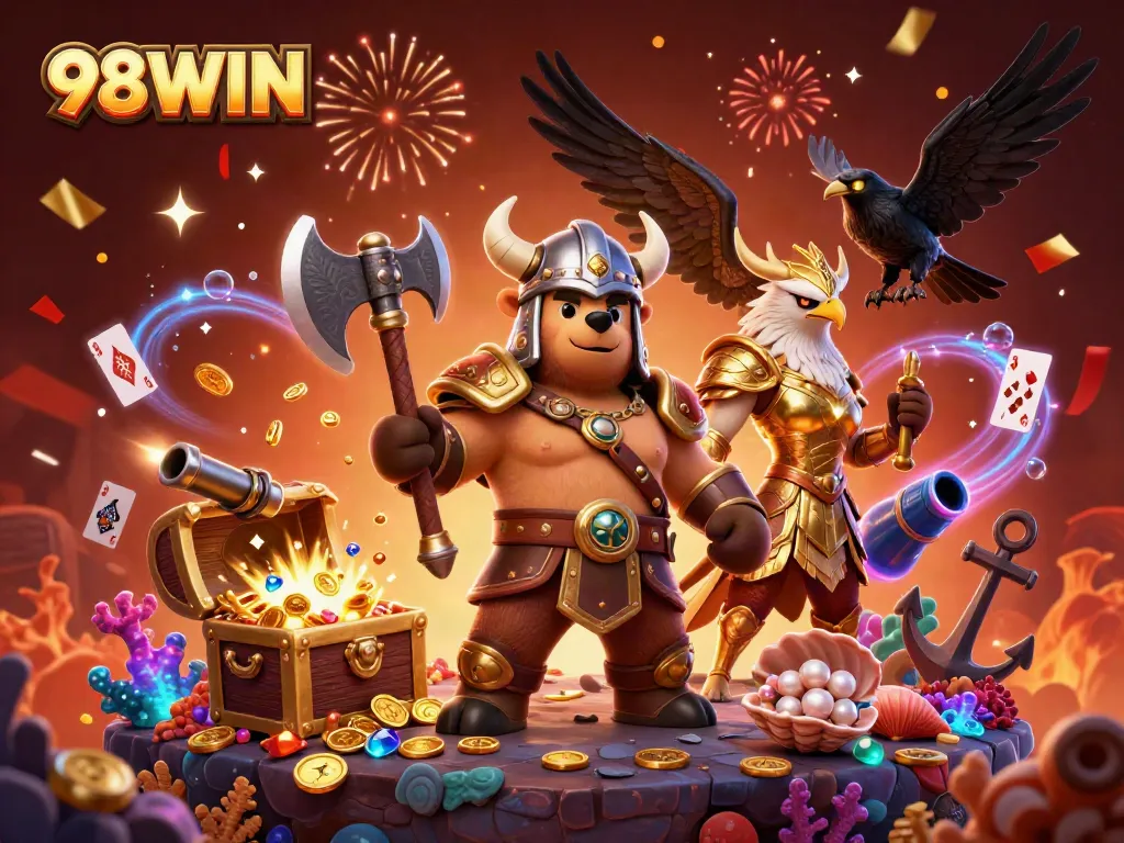 98WIN showcases a vibrant casino scene with characters and gaming elements exploding with excitement.