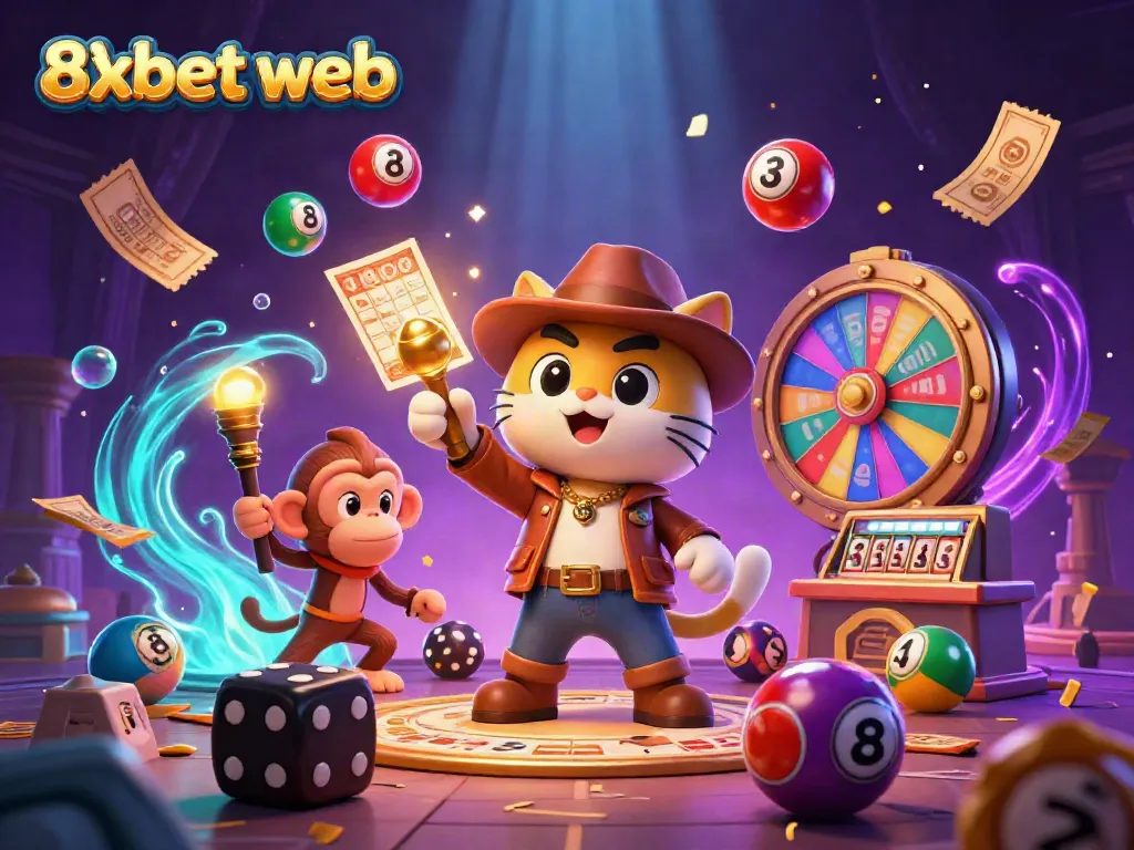 Engage with the thrilling 8xbet web experience featuring a dynamic casino treasure hunt illustration.