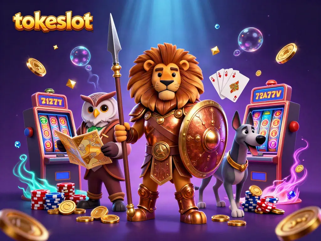 Experience the thrill of tokeslot with a vibrant 3D scene featuring dynamic characters and casino elements.