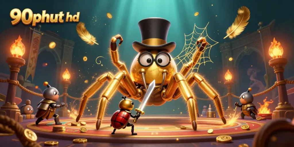 Engage in 90phut hd with a golden tarantula weaver and beetle knight amidst swirling casino elements