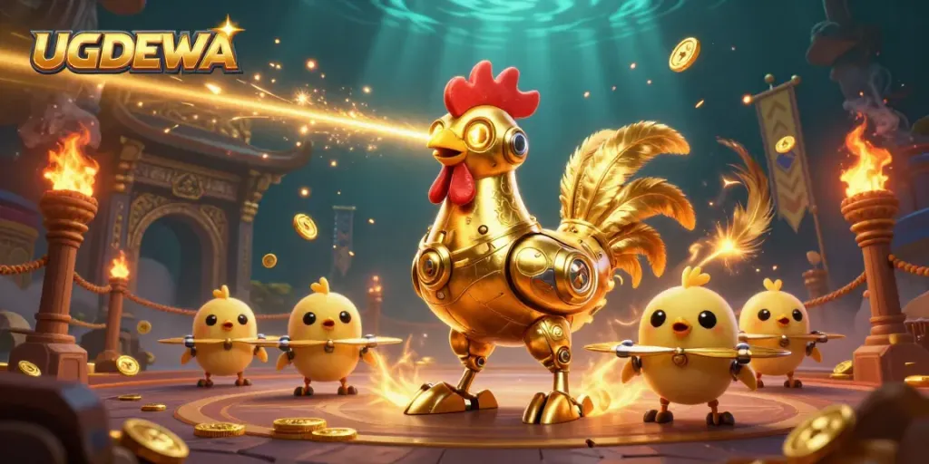 Engage with the vibrant gambling action of UGDEWA featuring a golden rooster robot and baby chick drones in a dynamic casino scene.