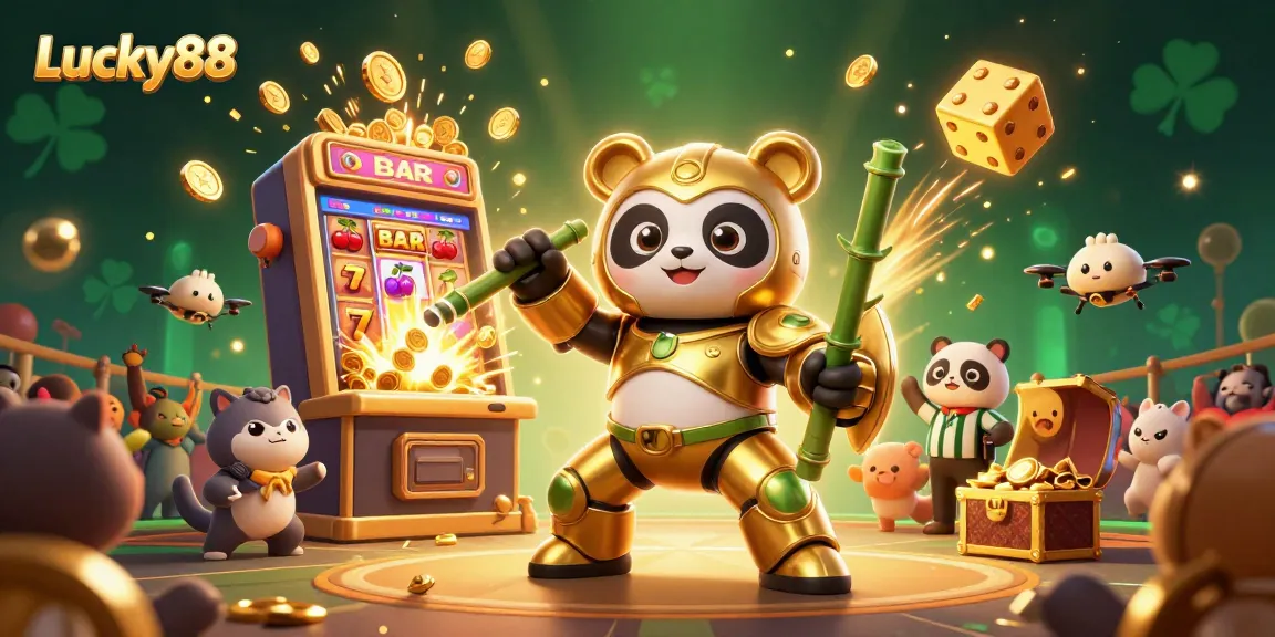 Engage in Lucky88's thrilling adventure with a mech-suit panda amidst slot machine excitement.
