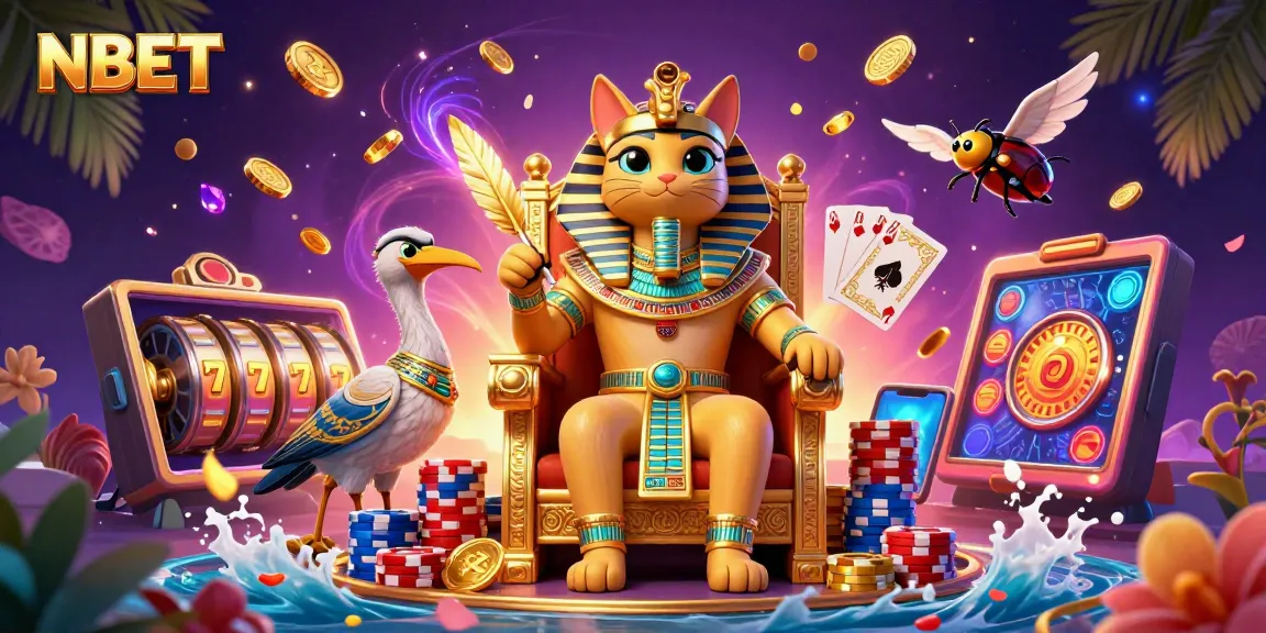 Engage with NBET's vibrant casino scene featuring pharaoh cat, ibis scribe, and flying gems amidst slot excitement.