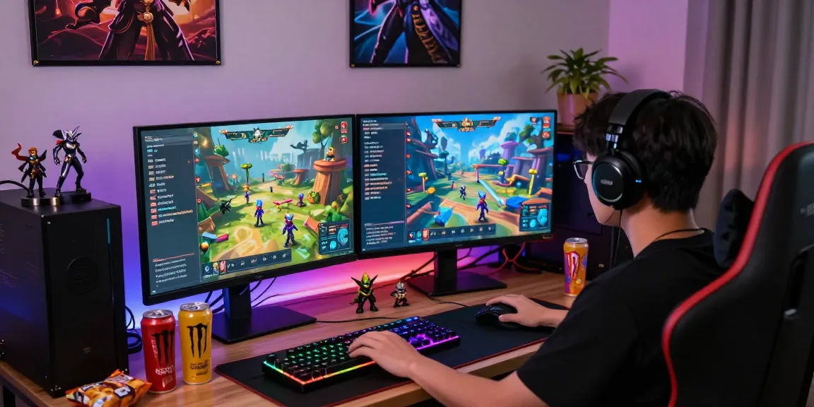 Engaging gaming setup showcasing rokok88 gameplay with vibrant monitors and dynamic accessories.