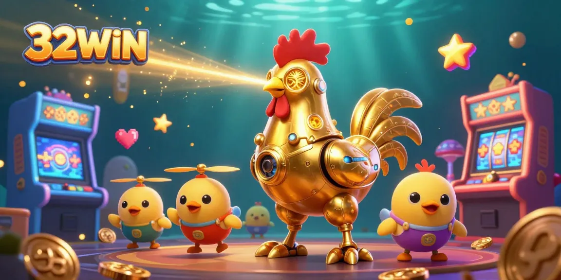 Engage with slot games at 32WIN, featuring a golden rooster robot and baby chick drones in a vibrant casino scene.