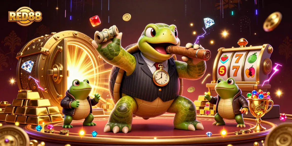 Engage with RED88's vibrant casino atmosphere featuring a mobster turtle and enforcer frogs amidst riches.