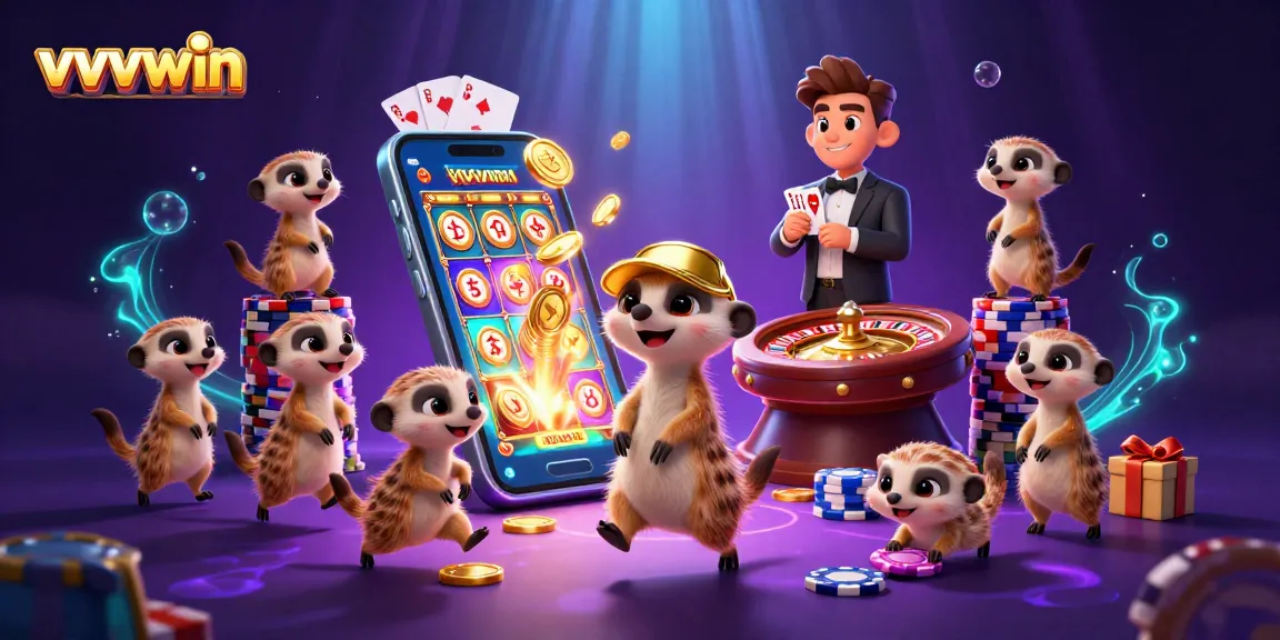 Experience the excitement at vvvwin with a dynamic meerkat casino illustration showcasing thrilling games and fun.