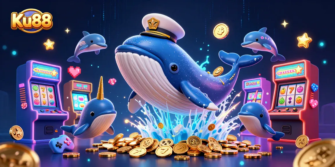 Experience the thrill of Ku88 with 3D whales and poker dolphins in a vibrant casino scene.