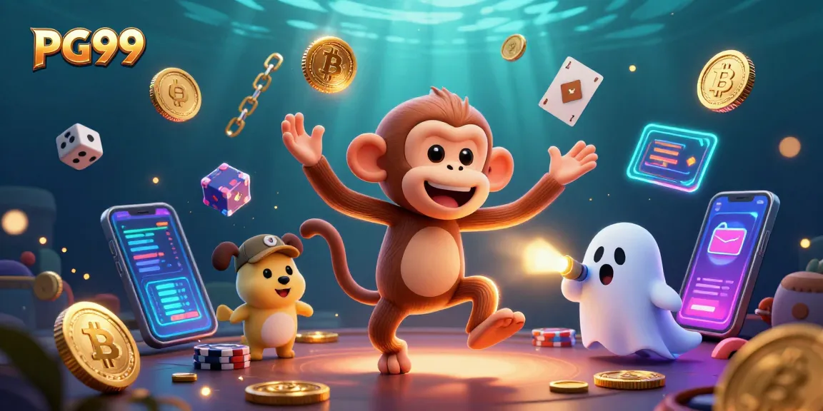 Engage with PG99 as the playful poltergeist monkey juggles golden casino elements while being tracked by a curious puppy.