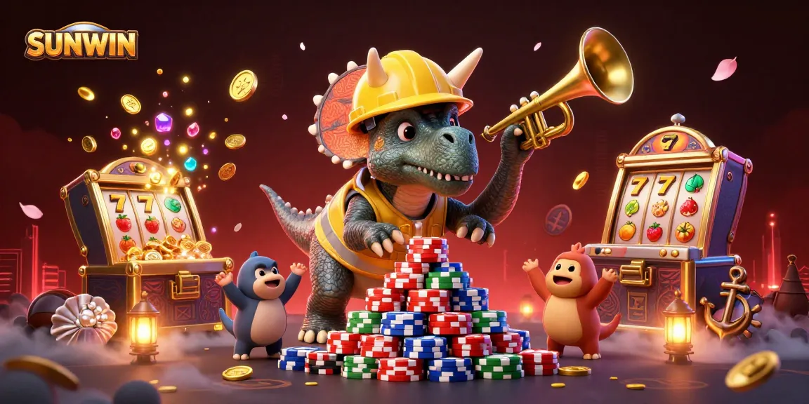 SUNWIN brings gaming excitement with vibrant 3D casino characters building poker chips amid festive celebration.