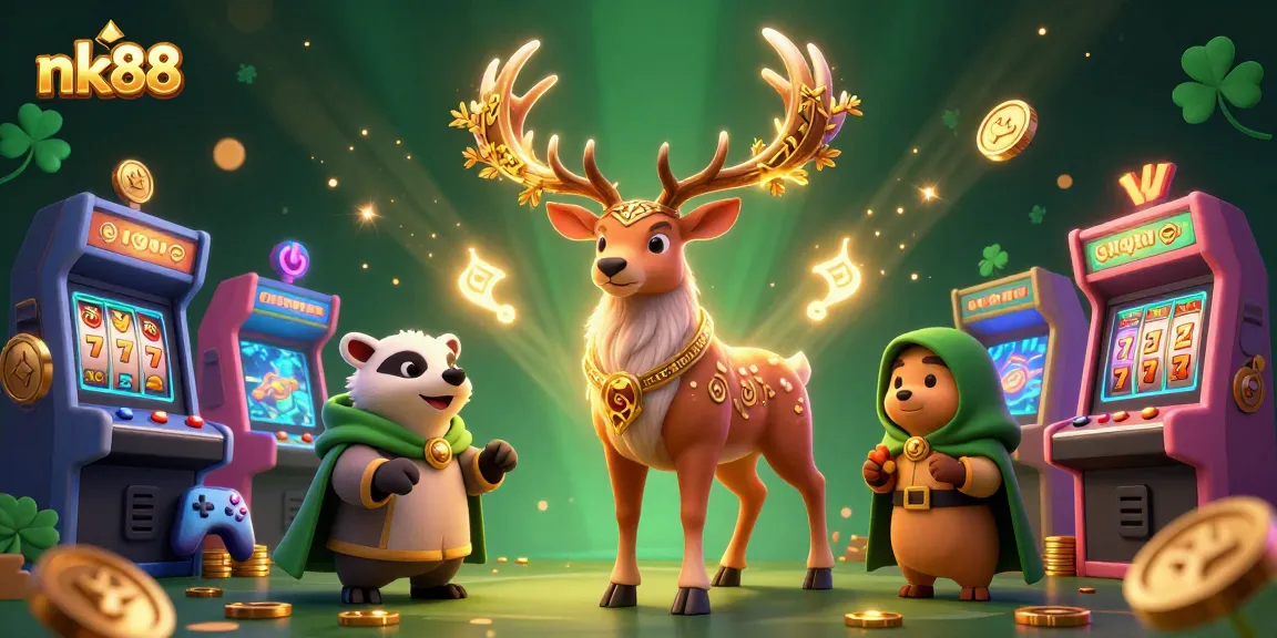 Play exciting games and earn rewards at nk88 with a lively, captivating casino scene filled with rich illustrations.