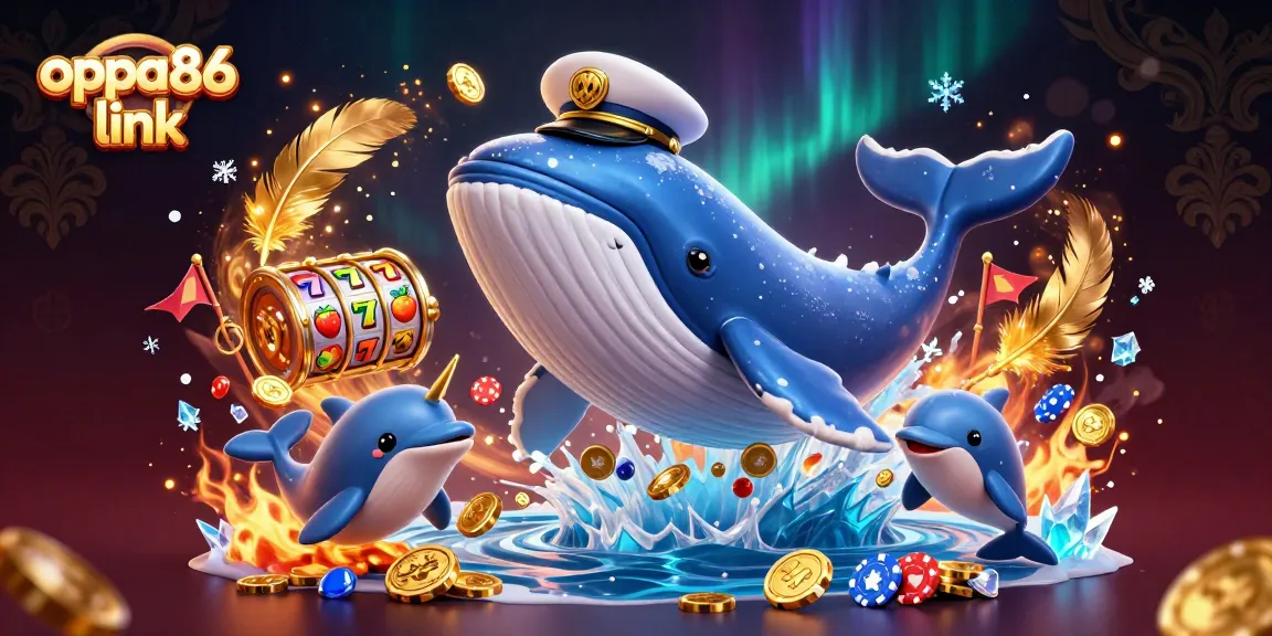 Engage with the oppa86 link through an enchanting casino scene featuring playful dolphins and a majestic whale.