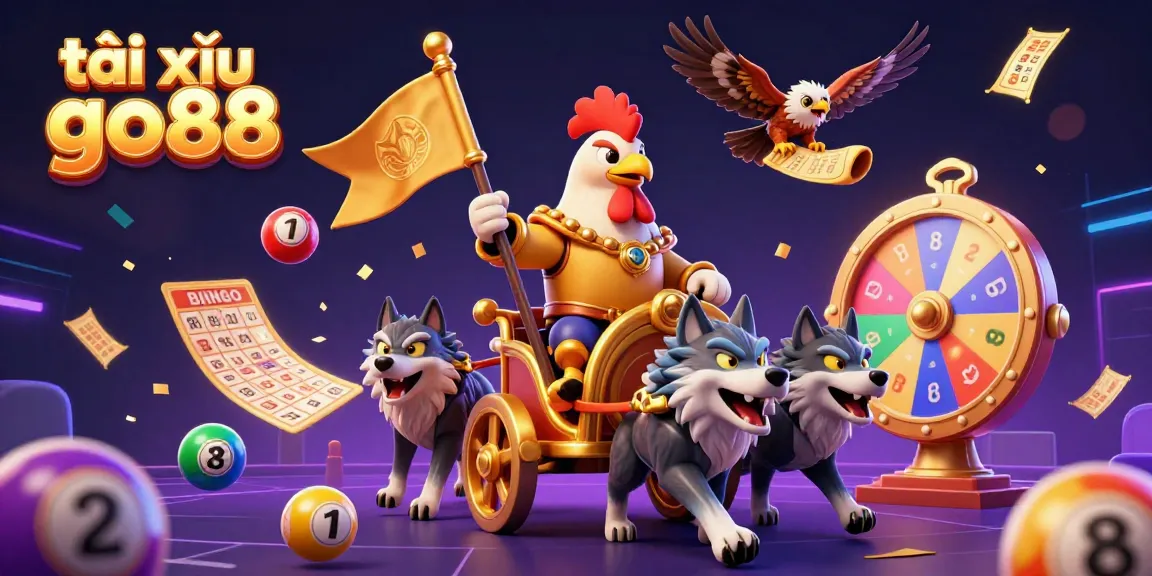 Tải xỉu go88 showcases a dynamic scene with a rooster warlord, golden war chariot, and vibrant gambling elements.