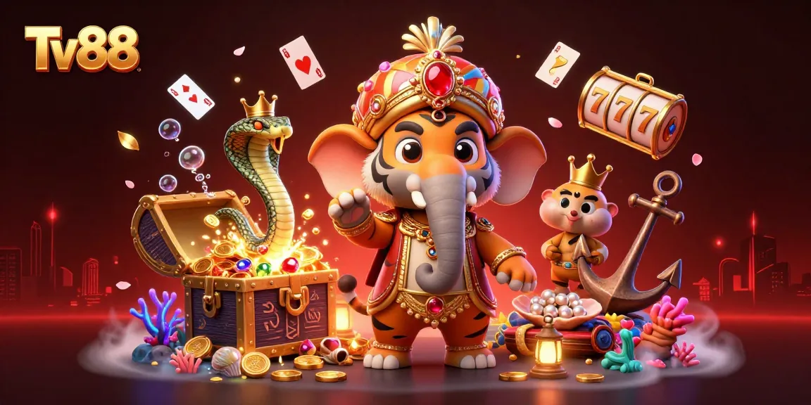 Engage in exhilarating gameplay with Tv88 featuring a vibrant 3D casino scene full of treasures and fun.