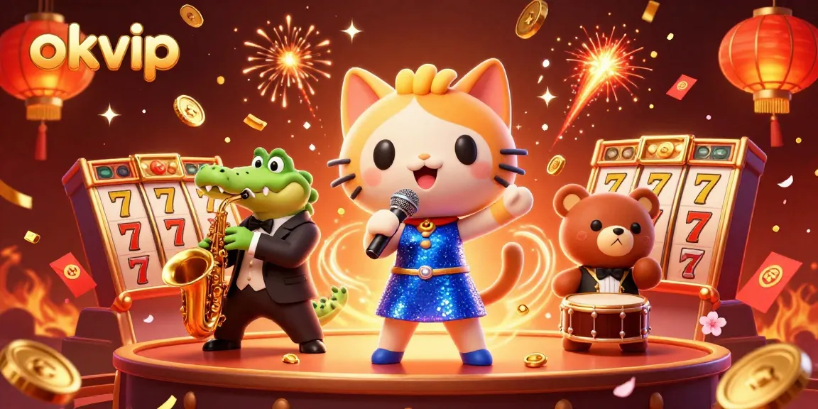 Engage with okvip at a vibrant casino scene showcasing a jazz-singer cat, saxophonist crocodile, and drummer bear.