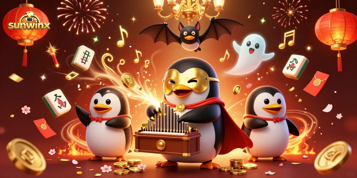 Experience the thrilling game play of sunwinx; a penguin organist launches coins amid a festive casino scene.