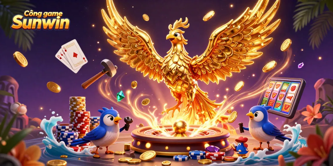 Cổng game Sunwin presents a vibrant 3D scene with golden phoenix, casino elements, and dynamic energy.