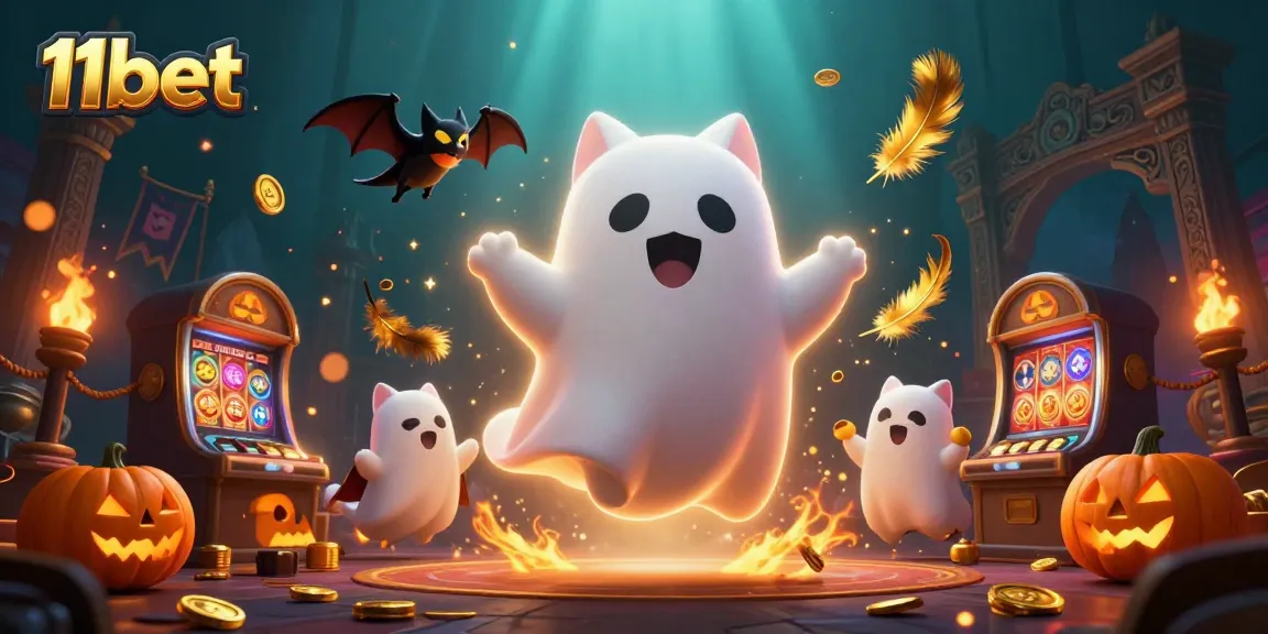 Experience thrilling gameplay with 11bet's ghost cat illustration, showcasing dynamic casino elements.