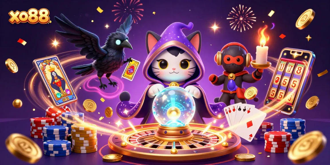 Play exciting games at xo88, featuring a mystic cat and raven among dazzling casino elements.