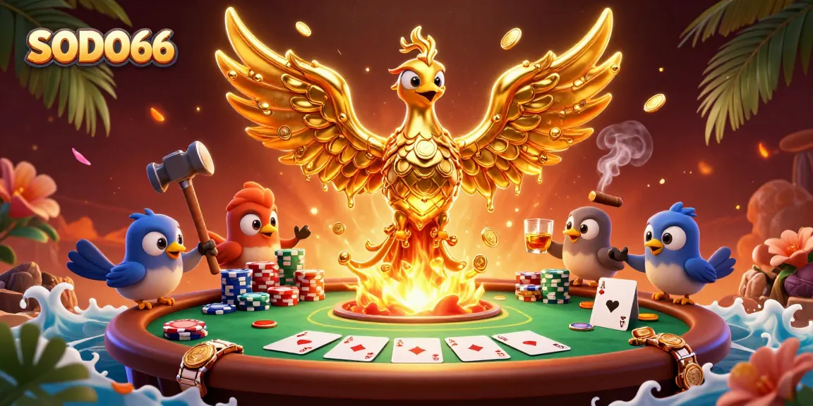 SODO66 showcases an energetic 3D scene with a molten golden phoenix and poker elements, inviting players to win big.