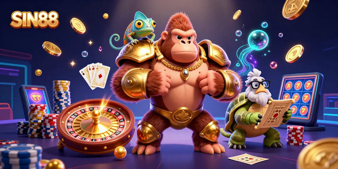 SIN88 game elements in a vibrant scene with a gorilla king, chameleon, and tortoise, depicting casino excitement