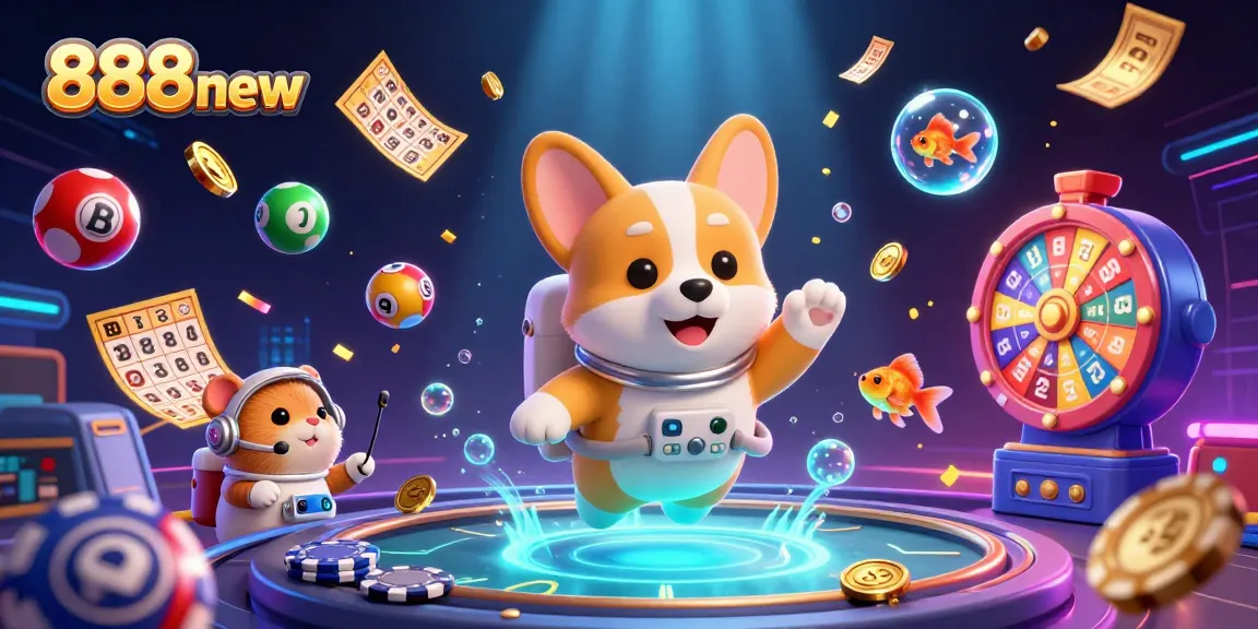 Join the fun at 888new with an astronaut corgi enjoying games and lottery action in a vibrant casino!
