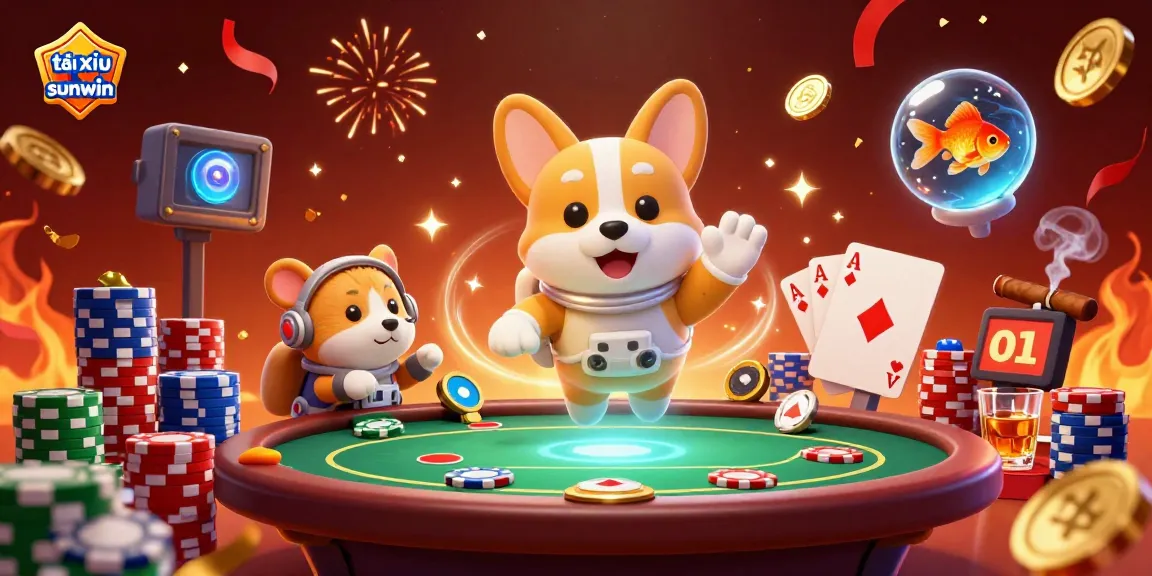 Tài xỉu sunwin comes alive in a vibrant casino scene with floating poker chips and characters celebrating the game!