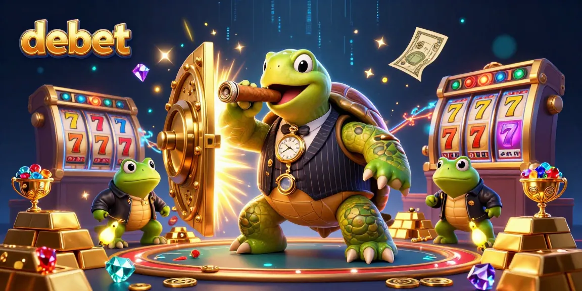 Experience the thrilling debet casino scene with a snapping turtle and bullfrog enforcers amidst jackpot elements.