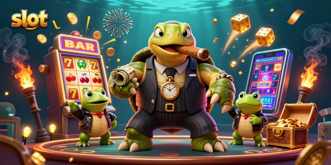 Experience thrilling slot action with a cartoon turtle mobster and jackpot excitement.