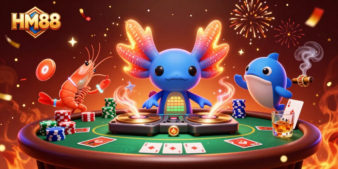 Engage in thrilling poker games at HM88 with vibrant, lively characters in a festive casino scene.