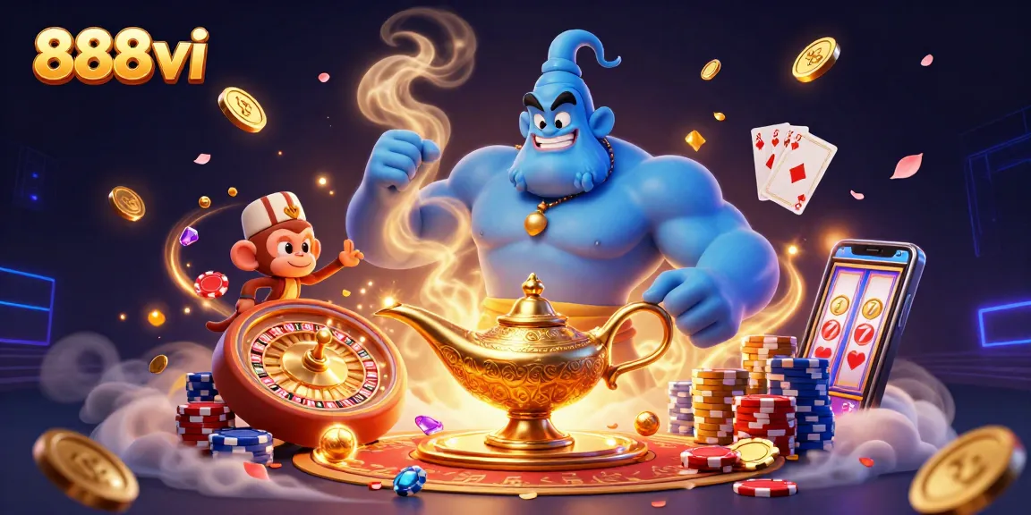 Win big at 888vi with a vibrant casino scene featuring a genie and classic games.