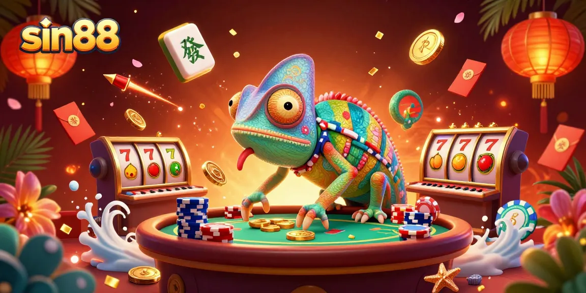 Experience sin88's vibrant casino atmosphere with a chameleon owner and dynamic gaming elements.