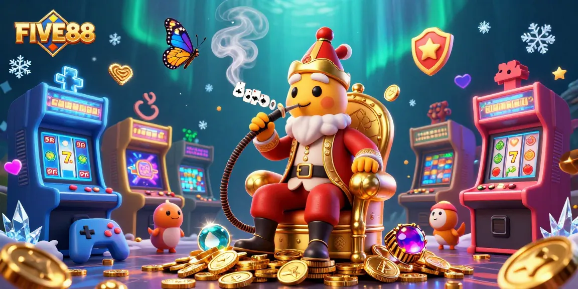 Experience the vibrant world of FIVE88 with a magical 3D casino scene filled with lucky symbols and treasures.