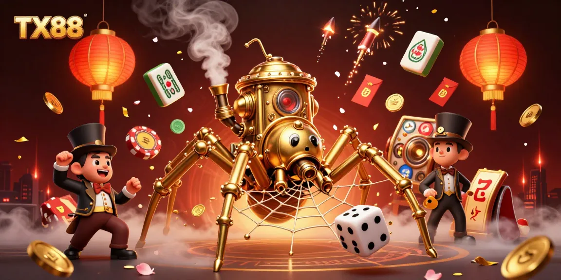 Experience TX88 with an intricate web of fortune featuring a golden spider, dice, and vibrant casino elements.