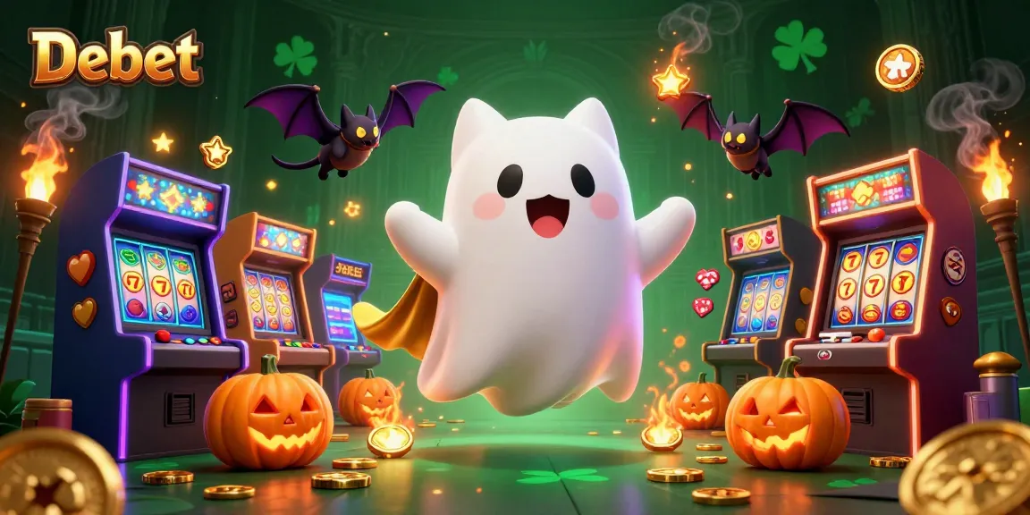Engage with Debet as friendly ghost cat explores a haunted casino scene filled with glowing slot machines.